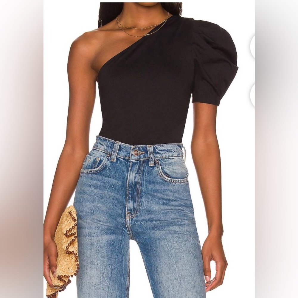 Free people movement Size Large one shoulder short puff sleeve body suit black